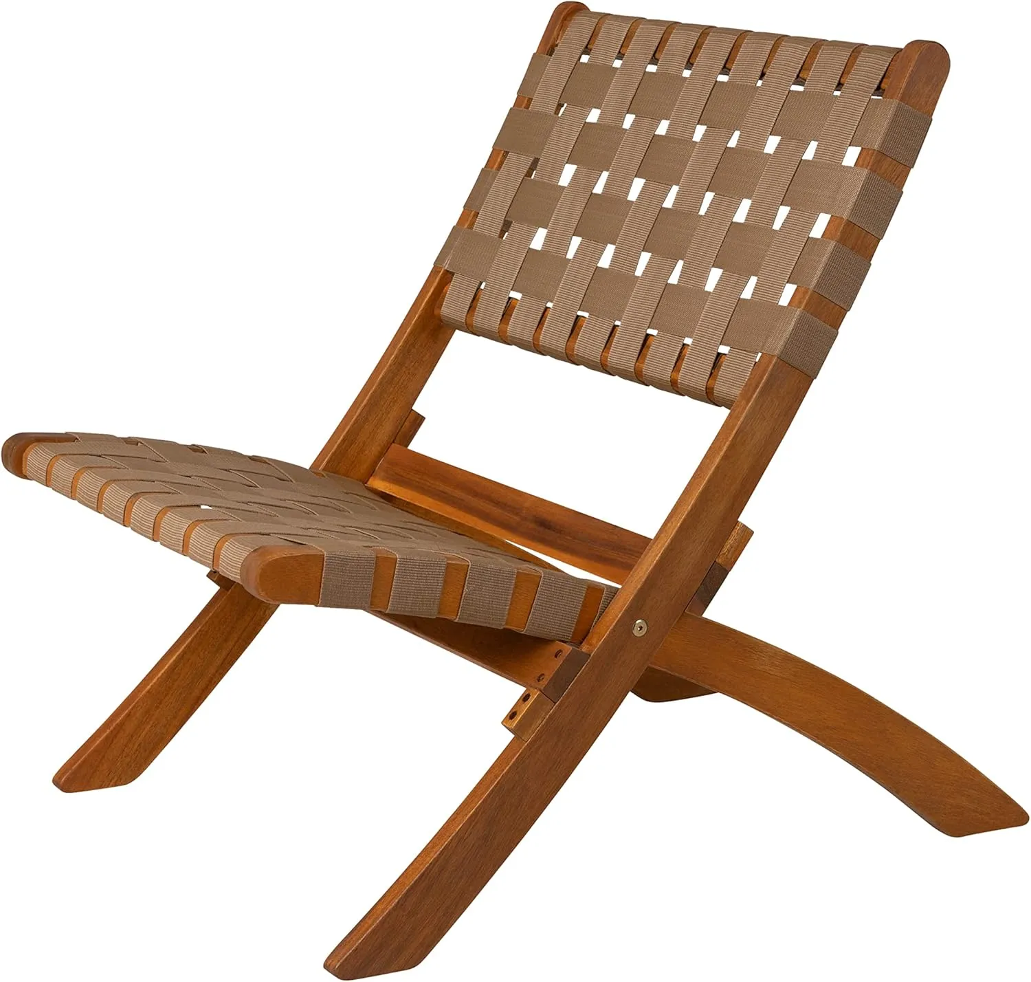 Patio Sense 64098 Sava Indoor Outdoor Folding Chair Low Slung Portable Seating Solid Acacia Wood Woven Seat & Back Indoors Porch Lawn Garden Fishing Sporting - Brown Webbing