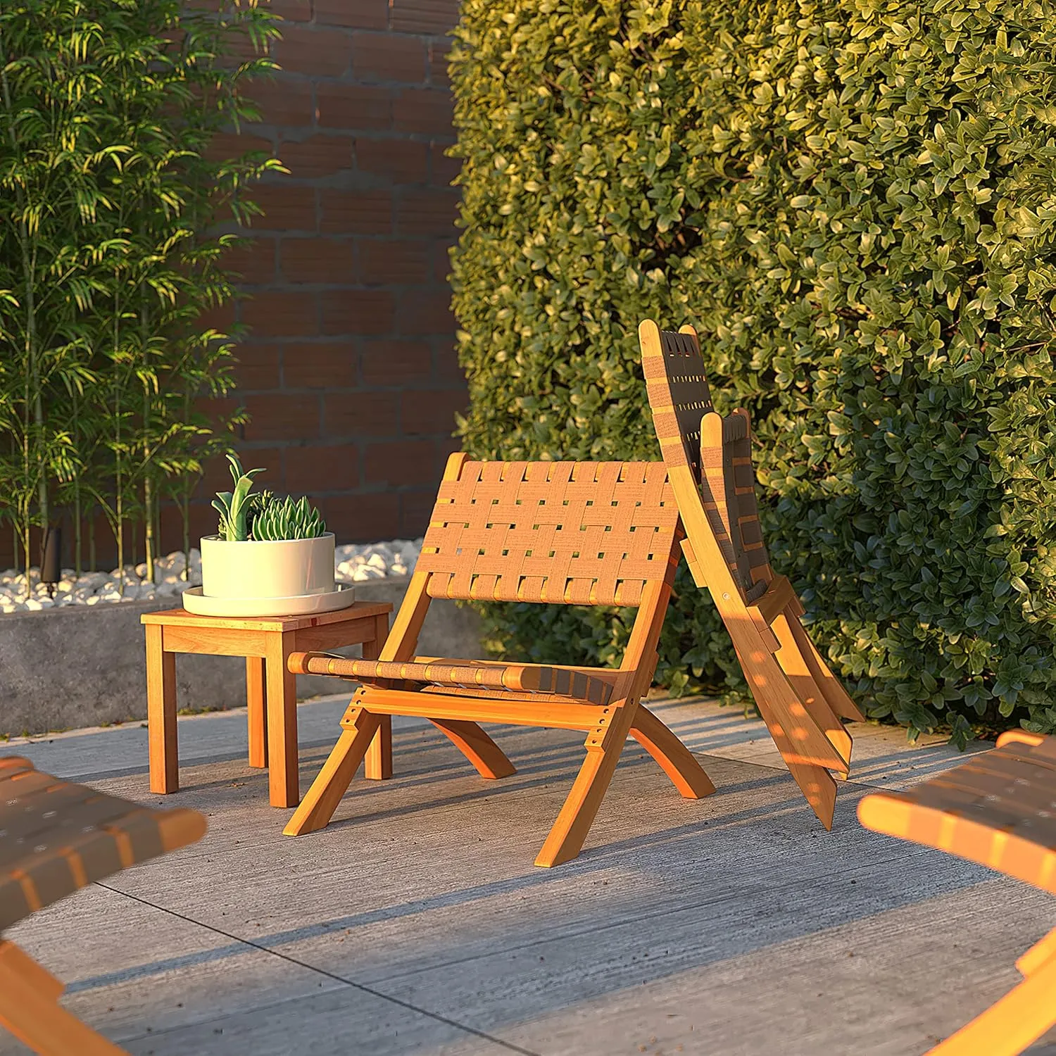Patio Sense 64098 Sava Indoor Outdoor Folding Chair Low Slung Portable Seating Solid Acacia Wood Woven Seat & Back Indoors Porch Lawn Garden Fishing Sporting - Brown Webbing