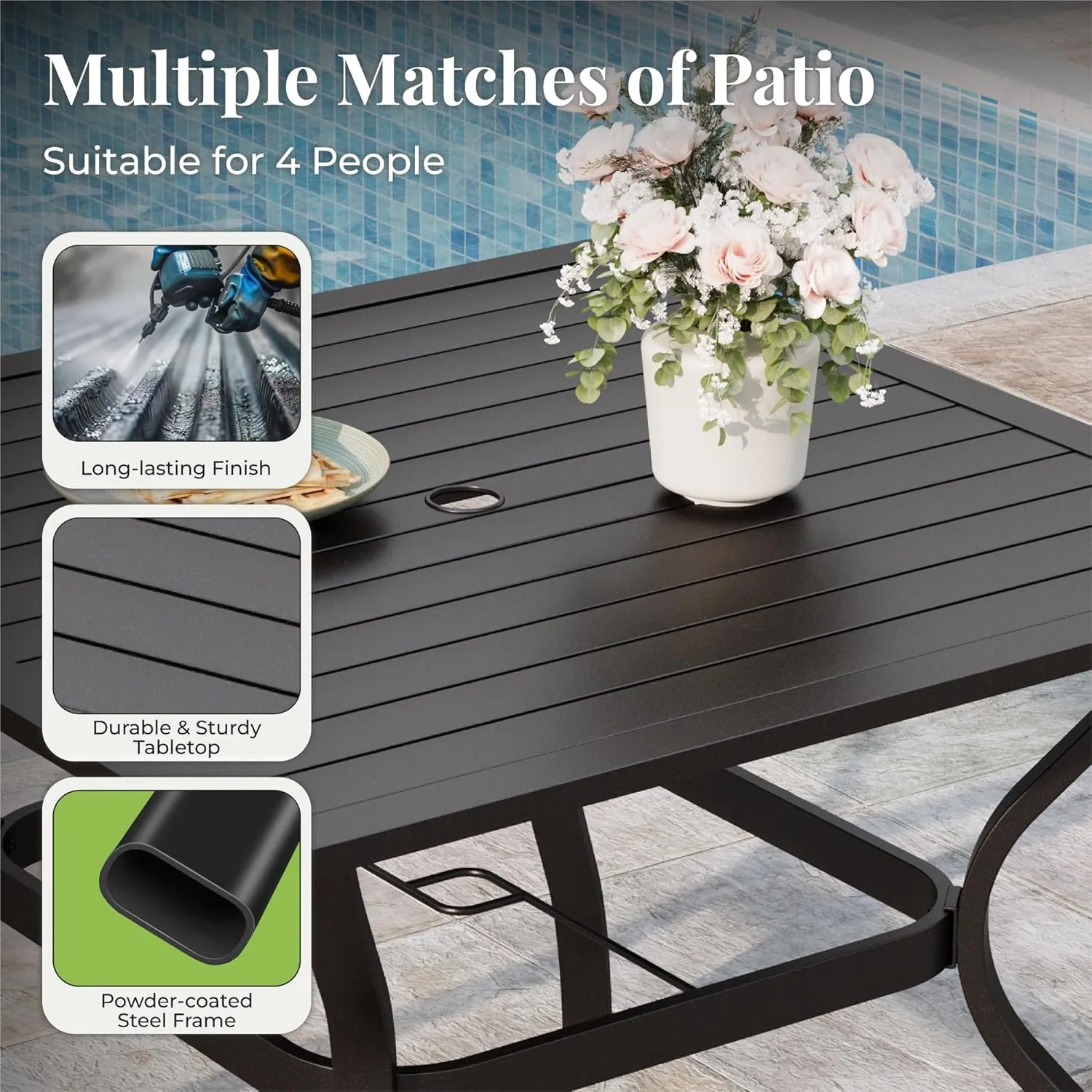 Patio Table and Chairs Set for 4, 5-Piece Outdoor Dining Set with Brown Textilene Chairs and 37" Square Metal Umbrella Table for Deck Backyard Lawn