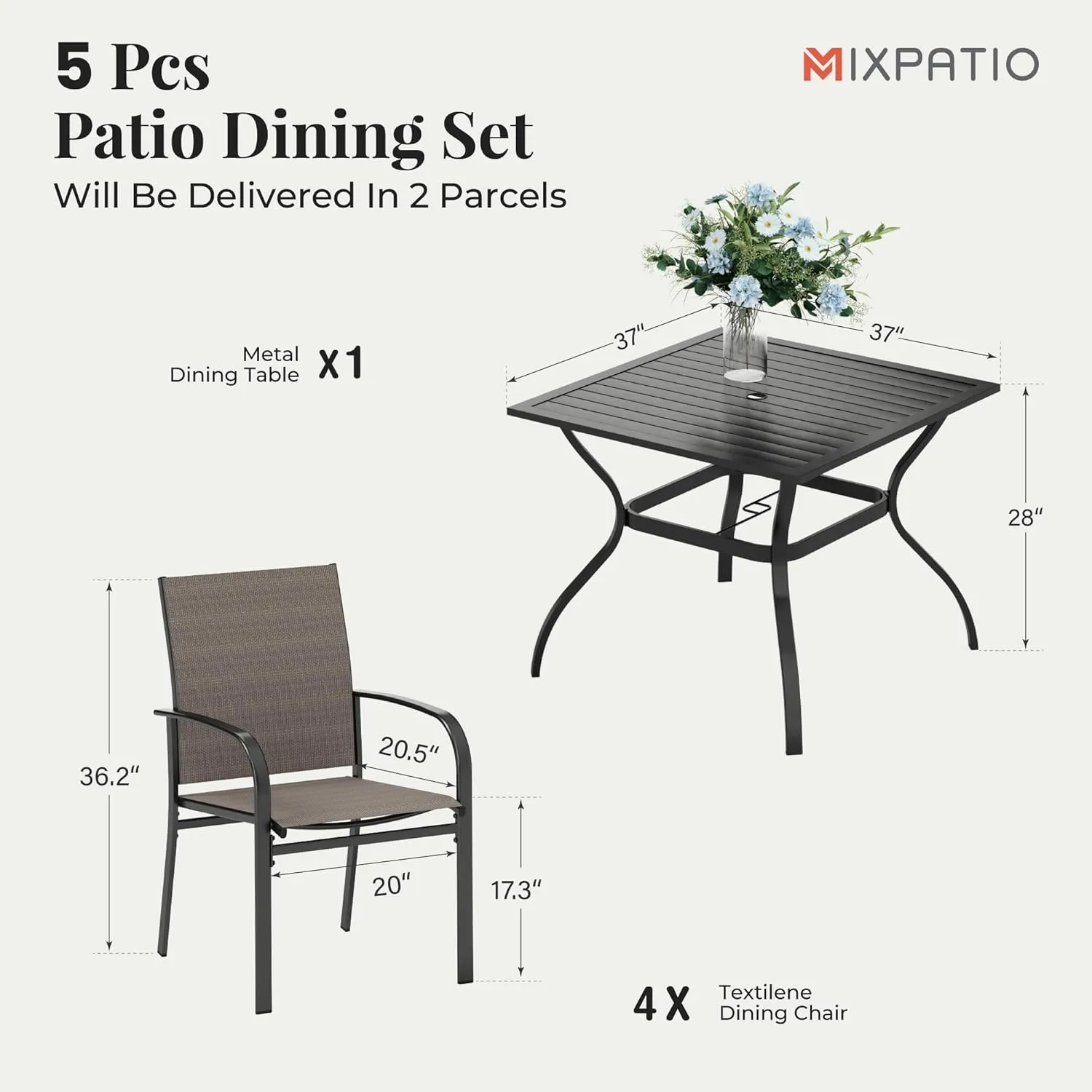 Patio Table and Chairs Set for 4, 5-Piece Outdoor Dining Set with Brown Textilene Chairs and 37" Square Metal Umbrella Table for Deck Backyard Lawn