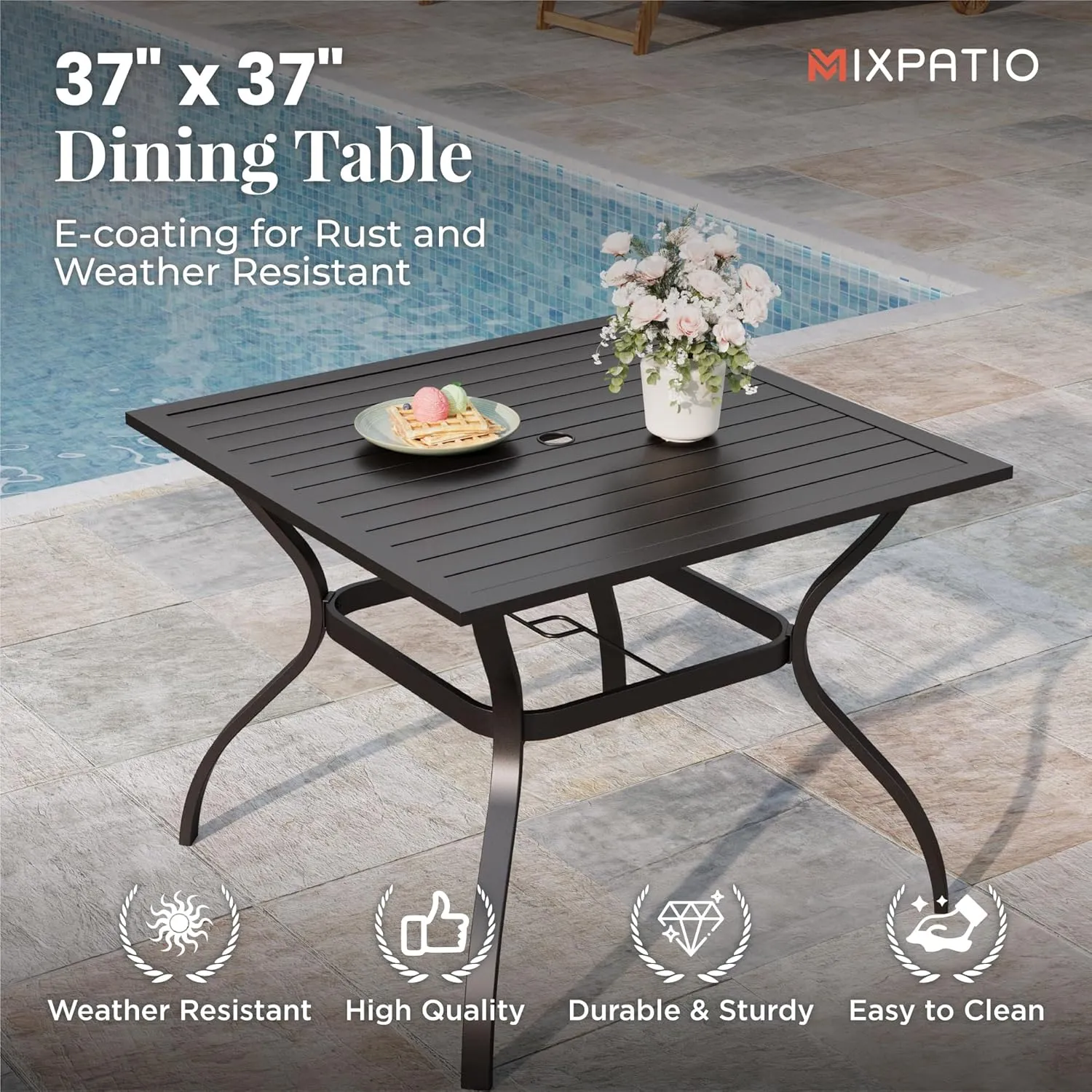 Patio Table and Chairs Set for 4, 5-Piece Outdoor Dining Set with Brown Textilene Chairs and 37" Square Metal Umbrella Table for Deck Backyard Lawn