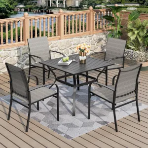 Patio Table and Chairs Set for 4, 5-Piece Outdoor Dining Set with Brown Textilene Chairs and 37" Square Metal Umbrella Table for Deck Backyard Lawn