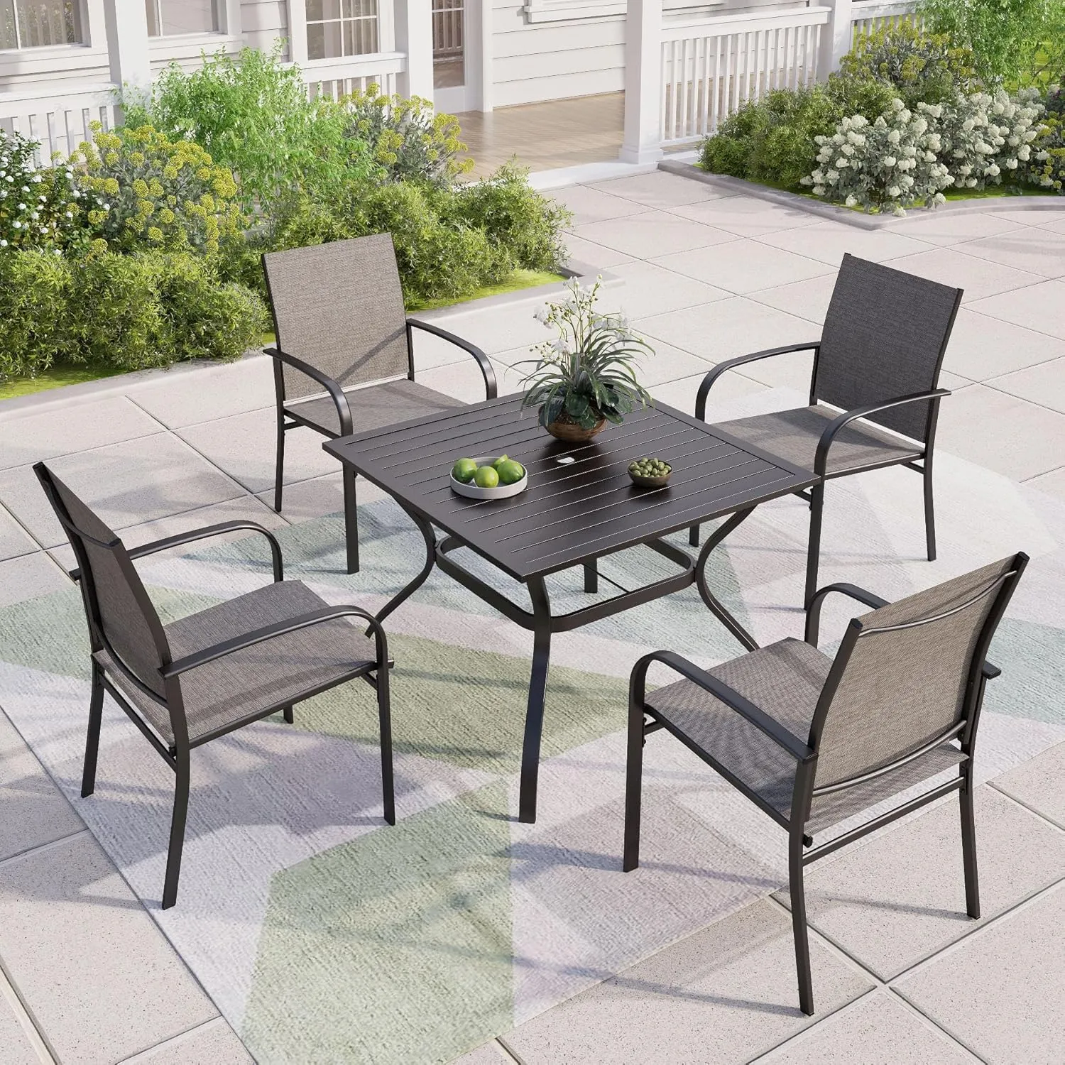 Patio Table and Chairs Set for 4, 5-Piece Outdoor Dining Set with Brown Textilene Chairs and 37" Square Metal Umbrella Table for Deck Backyard Lawn