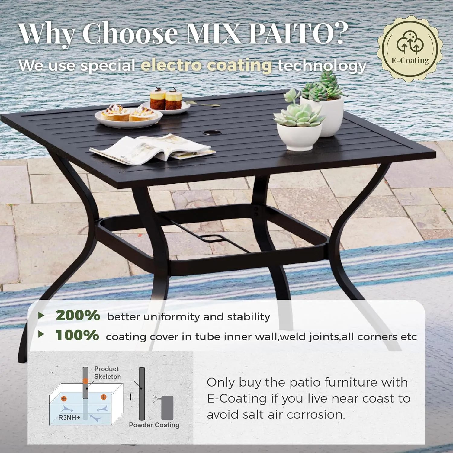 Patio Table and Chairs Set for 4, 5-Piece Outdoor Dining Set with Brown Textilene Chairs and 37" Square Metal Umbrella Table for Deck Backyard Lawn