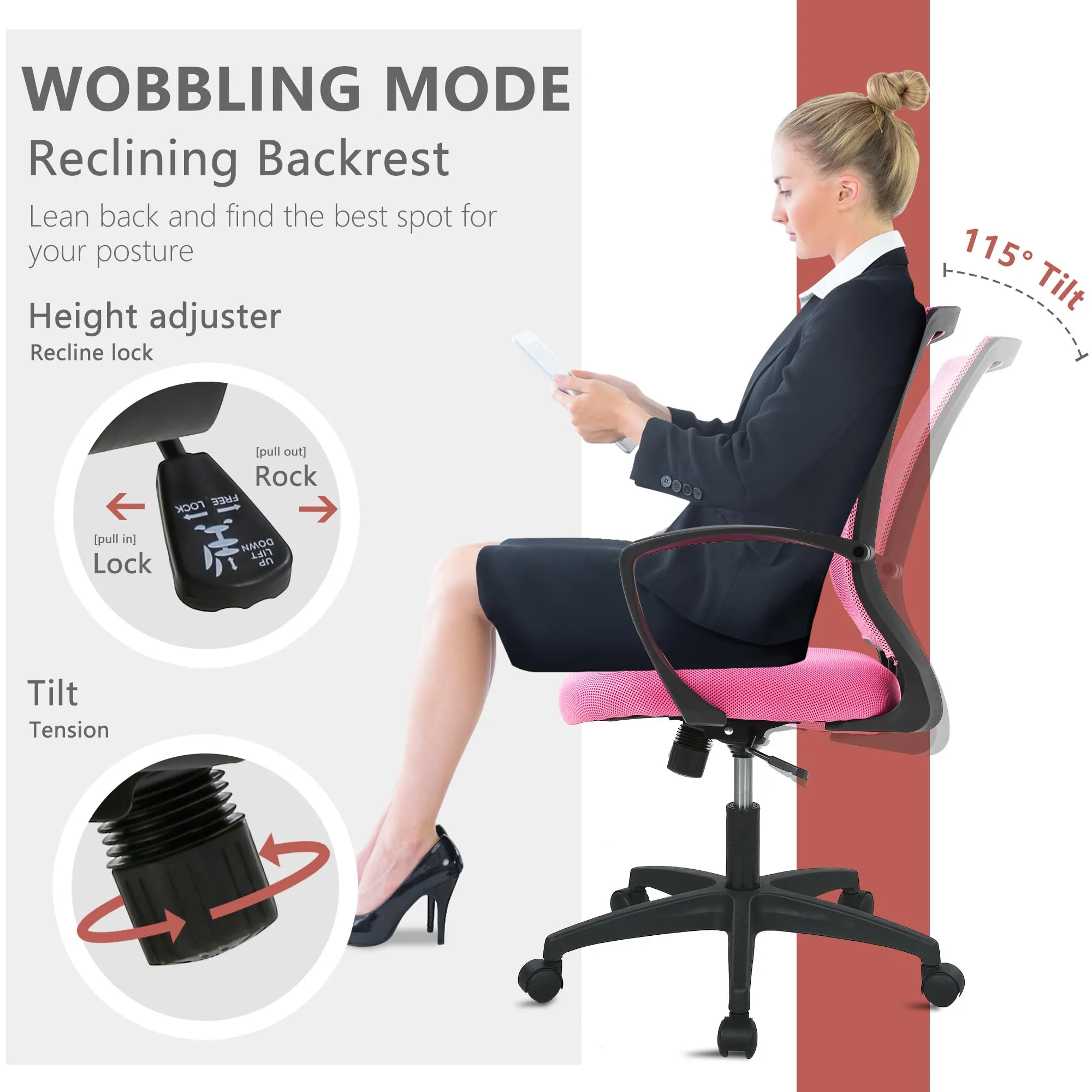 PayLessHere Office Computer Gaming Chair Ergonomic Mesh Desk Chair Adjustable Video Game Chairs with 360 Degrees Swivel Wheels Armrest Lumbar Support for Home Office,Pink