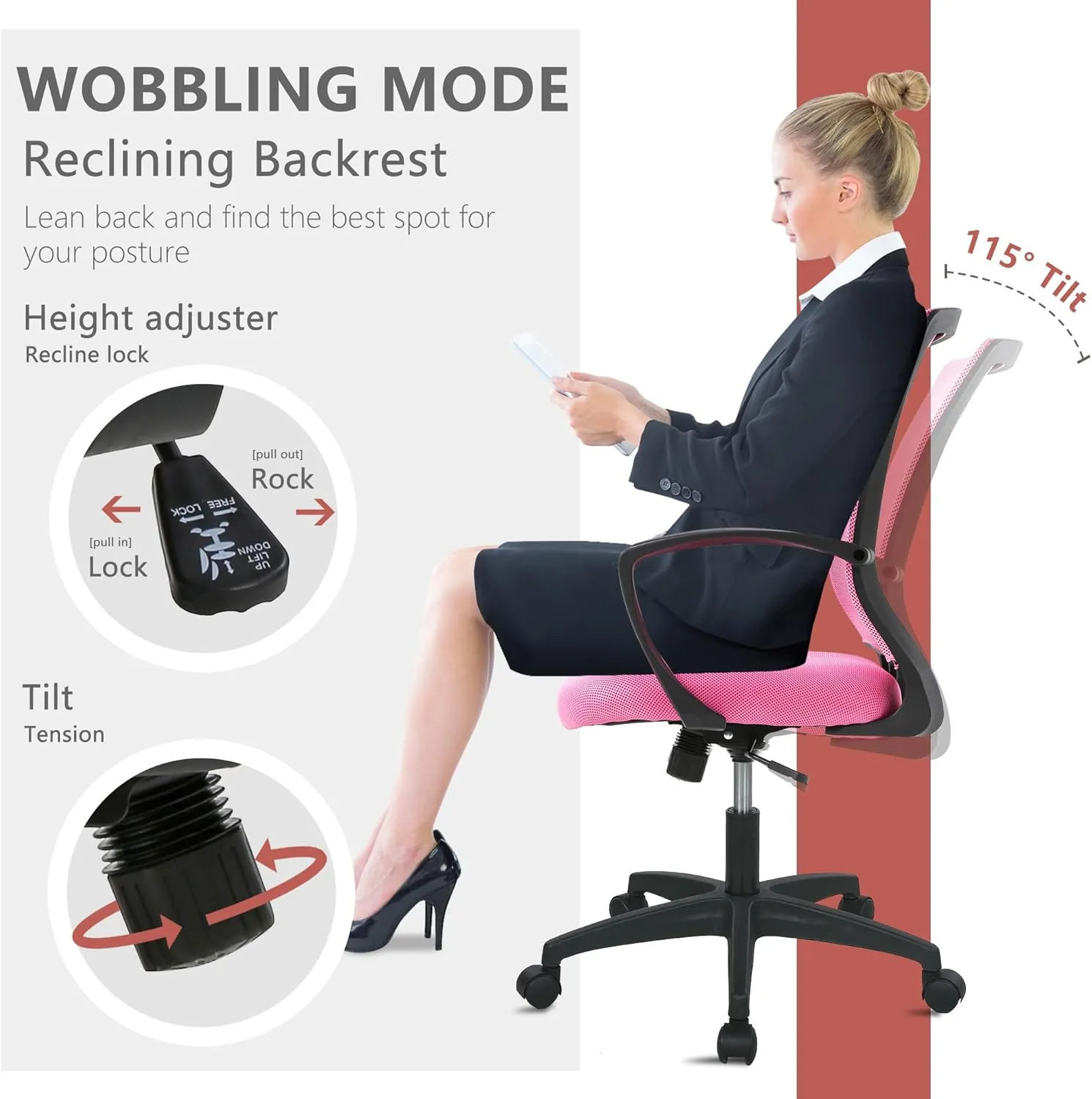 PayLessHere Office Computer Gaming Chair Ergonomic Mesh Desk Chair Adjustable Video Game Chairs with 360 Degrees Swivel Wheels Armrest Lumbar Support for Home Office,Pink