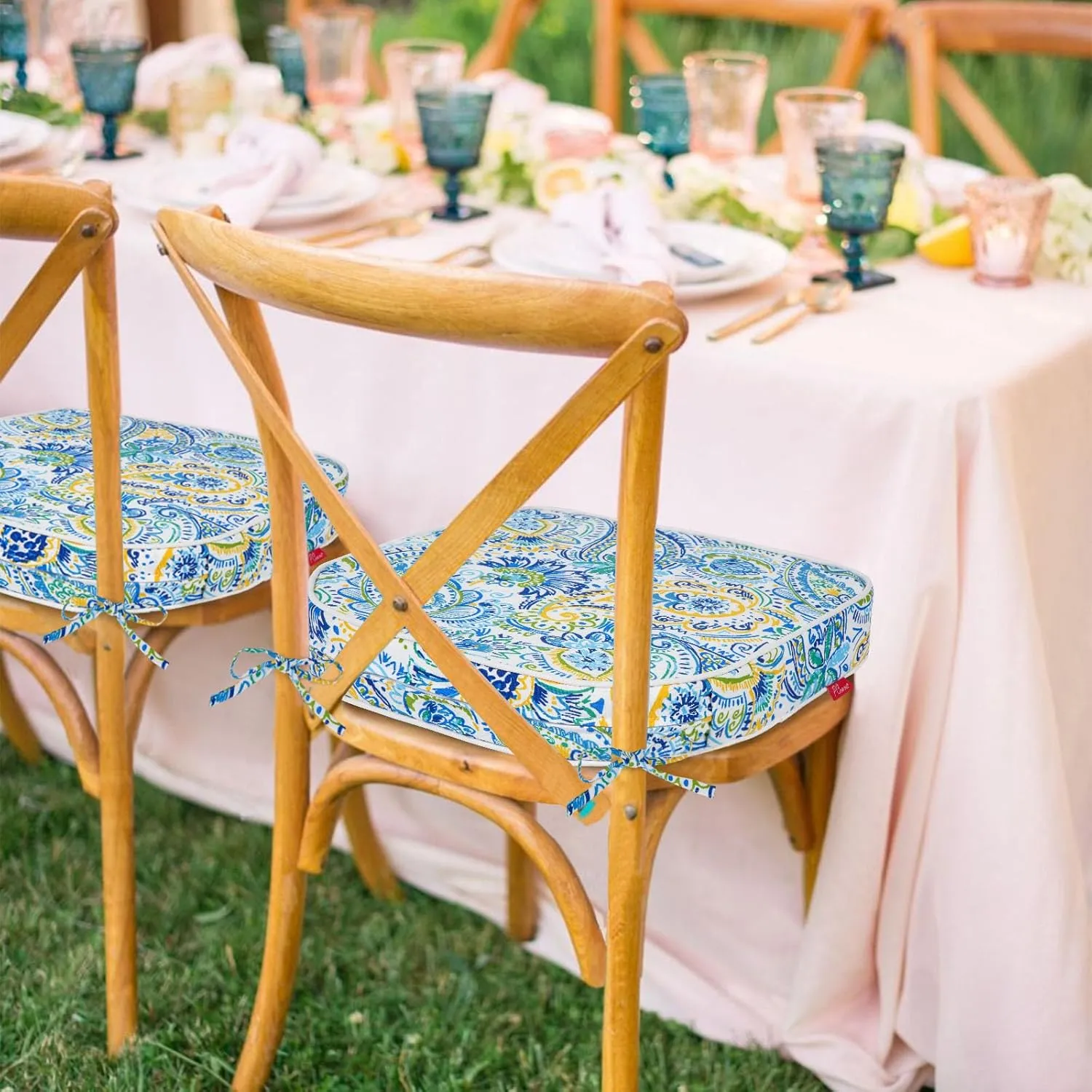 Pcinfuns Outdoor Chair Cushions Set of 4,Thick 17" x 16" x 3" Cushion for Patio Furniture,Round Corner Patio Chair Pads with Ties, Memory Foam Outdoor Seat Cushions,Blue Phoenix