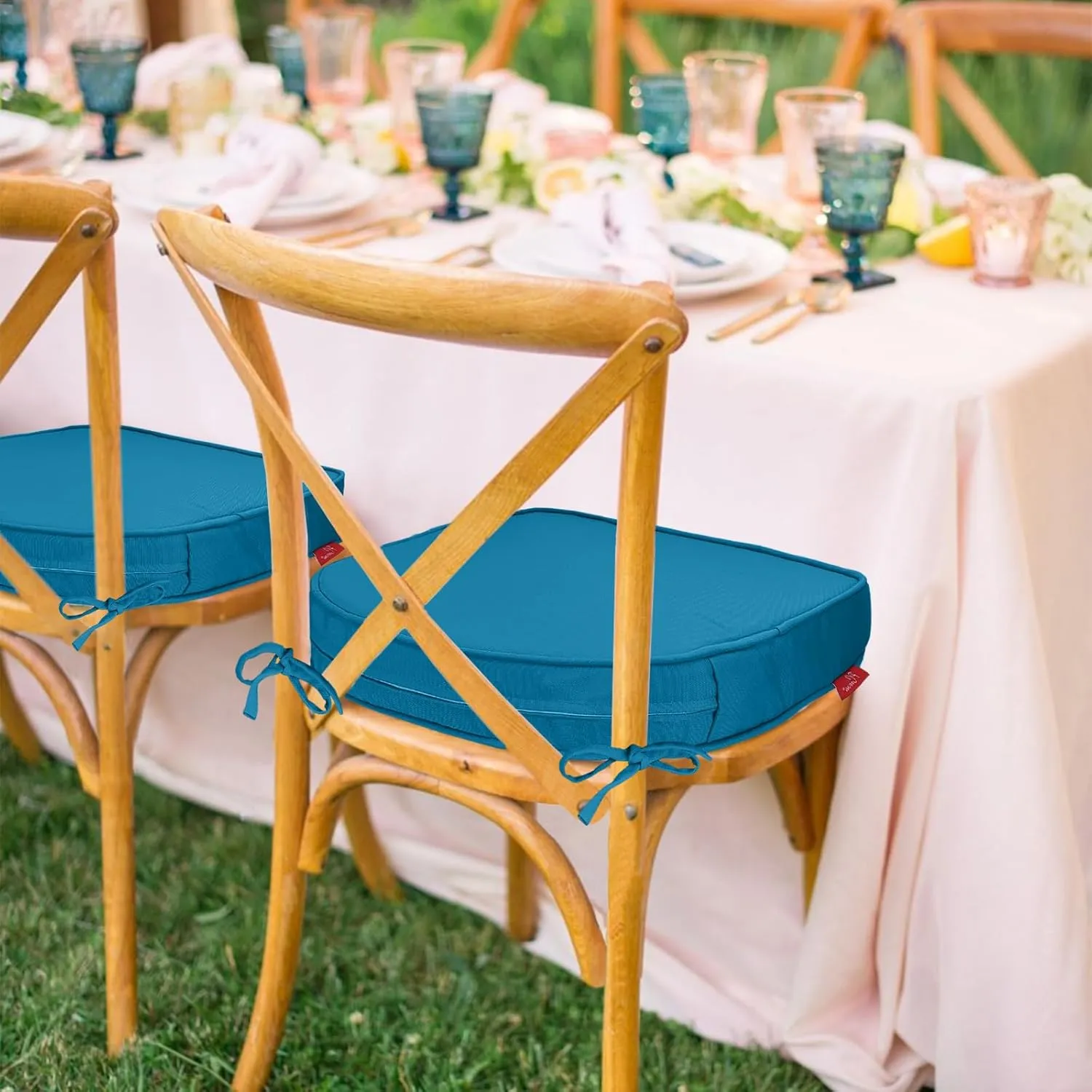 Pcinfuns Outdoor Chair Cushions Set of 4,Thick 17" x 16" x 3" Cushion for Patio Furniture,Round Corner Patio Chair Pads with Ties, Memory Foam Outdoor Seat Cushions,Blue