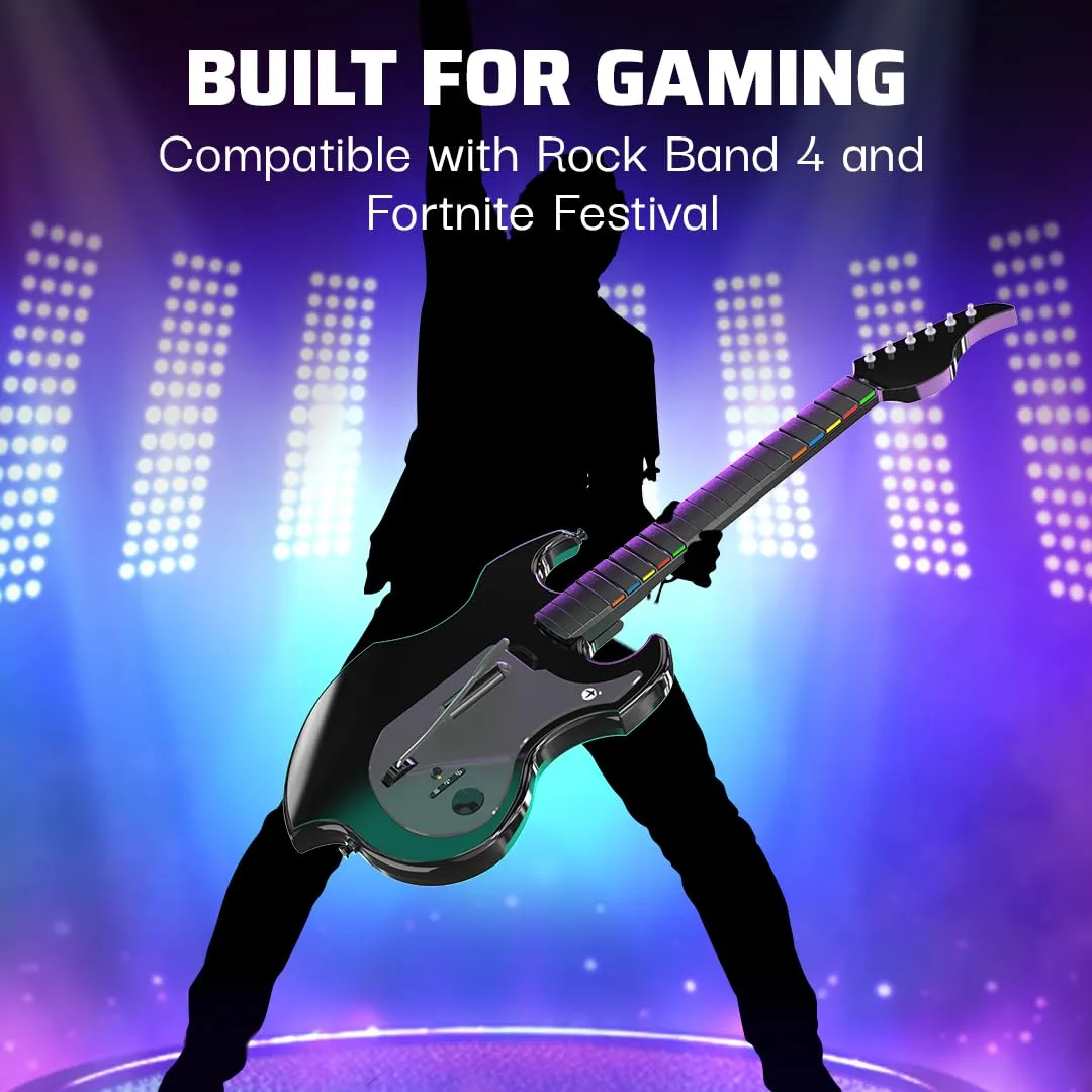 PDP RIFFMASTER Wireless Guitar Controller for Xbox Series X|S, Xbox One, Windows 10/11 PC, Rock Band 4, Fortnite Festival, Audio Jack, Rechargeable Battery, Officially Licensed by Microsoft – Black
