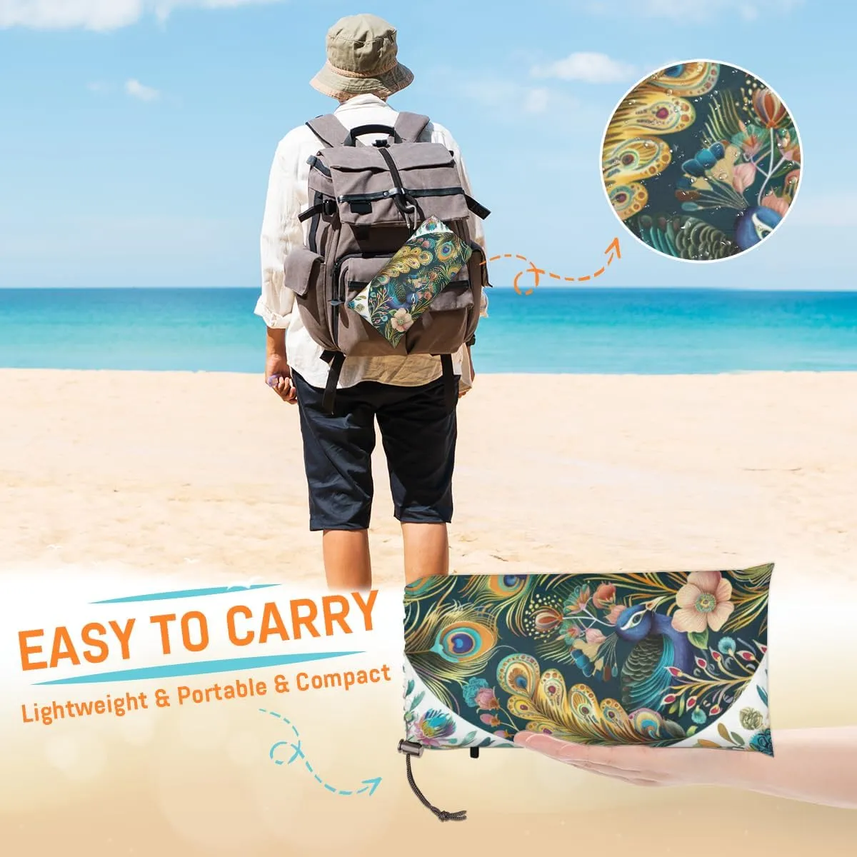 Peacock Animal Feather Beach Blanket, Sandproof Beach Mat, Adults Waterproof Quick Drying Sand Free Mat with 4 x Ground Spikes for Outdoor Travel Camping Hiking, Peacock
