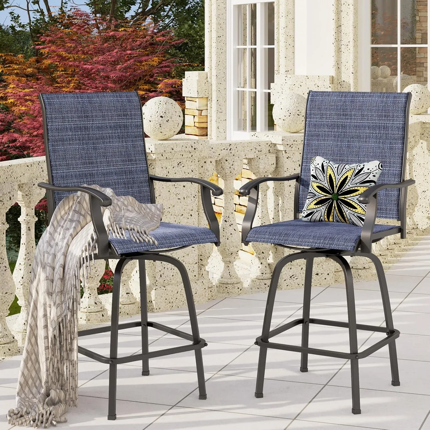 PHI VILLA Outdoor Swivel Bar Stools Set of 6, Bar Height Patio Chairs Furniture with All Weather Textilene Fabric, 30" High Top Bar Chairs for Porch, Blue