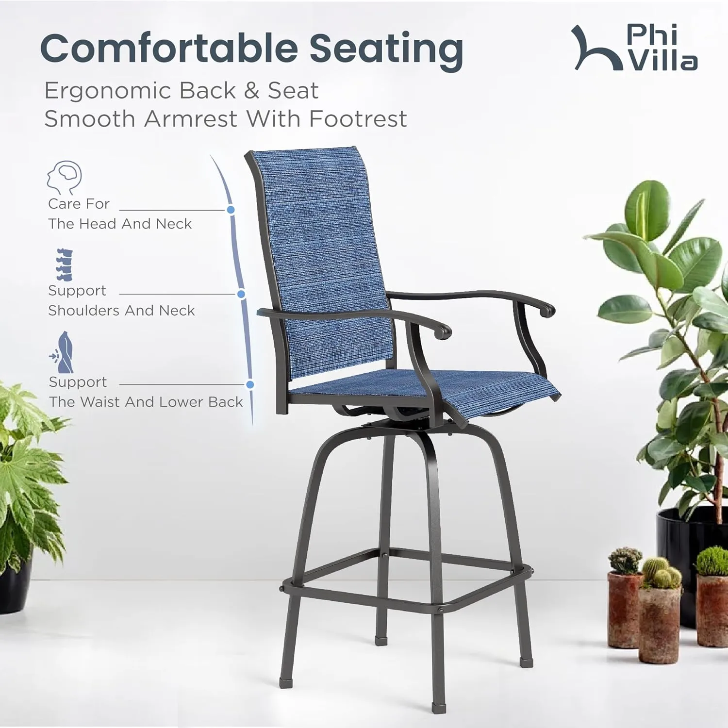 PHI VILLA Outdoor Swivel Bar Stools Set of 6, Bar Height Patio Chairs Furniture with All Weather Textilene Fabric, 30" High Top Bar Chairs for Porch, Blue