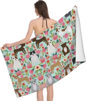 Pitbull with Floral Flower Beach Towels Ultra Soft Highly Absorbent Quick Dry Premium Bath Towels Multi Use for Beach Camping Surfing Swimming Gym Spa Yoga