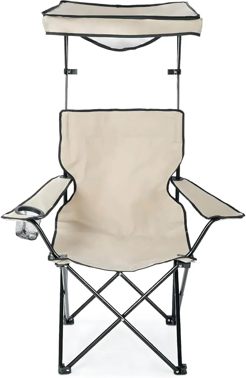 Plexon Folding Quad Chair with Canopy – Portable Outdoor Chair with Sun & Rain Shade, Mesh Cup Holder and Storage Bag – Taupe Seat, Black Steel Frame