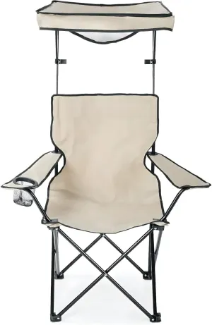 Plexon Folding Quad Chair with Canopy – Portable Outdoor Chair with Sun & Rain Shade, Mesh Cup Holder and Storage Bag – Taupe Seat, Black Steel Frame