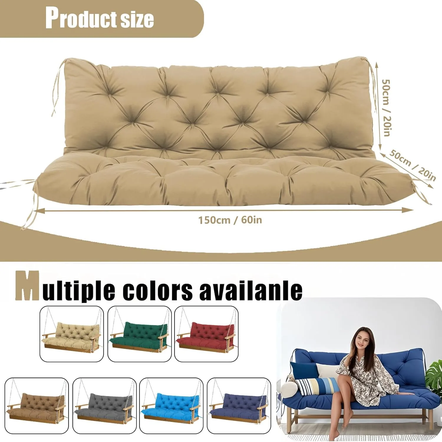 Porch Swing Cushions  Towel, 5" Thick Waterproof Swing Cushions for Outdoor Furniture,3 Seat Swing Cushion Replacement for Patio Swing,Outdoor Swing,Garden Bench