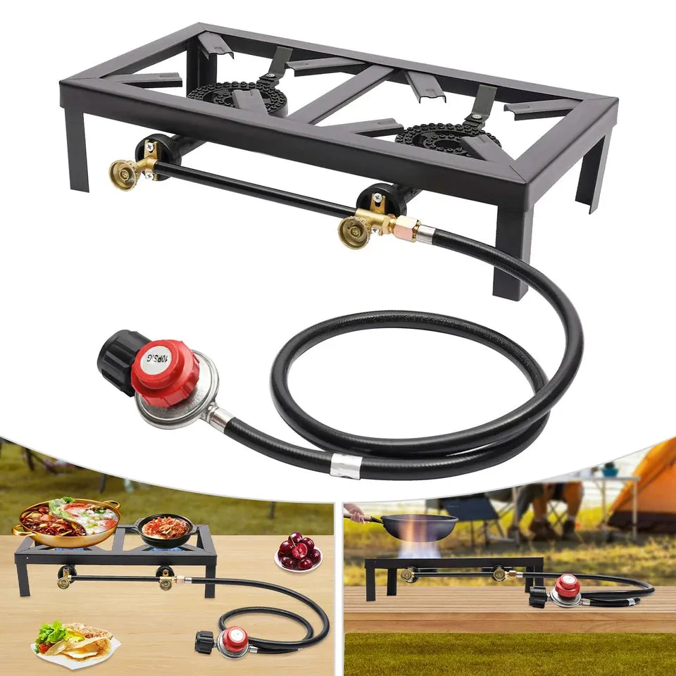Portable Double Burner Outdoor Gas Stove Propane Cooker Regulator Hose Outdoor Hiking Picnic BBQ Cooking Equipment