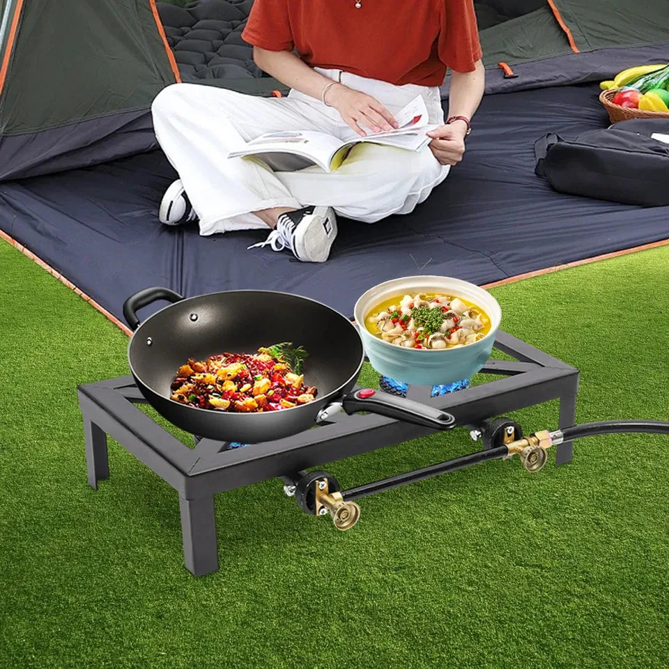 Portable Double Burner Outdoor Gas Stove Propane Cooker Regulator Hose Outdoor Hiking Picnic BBQ Cooking Equipment