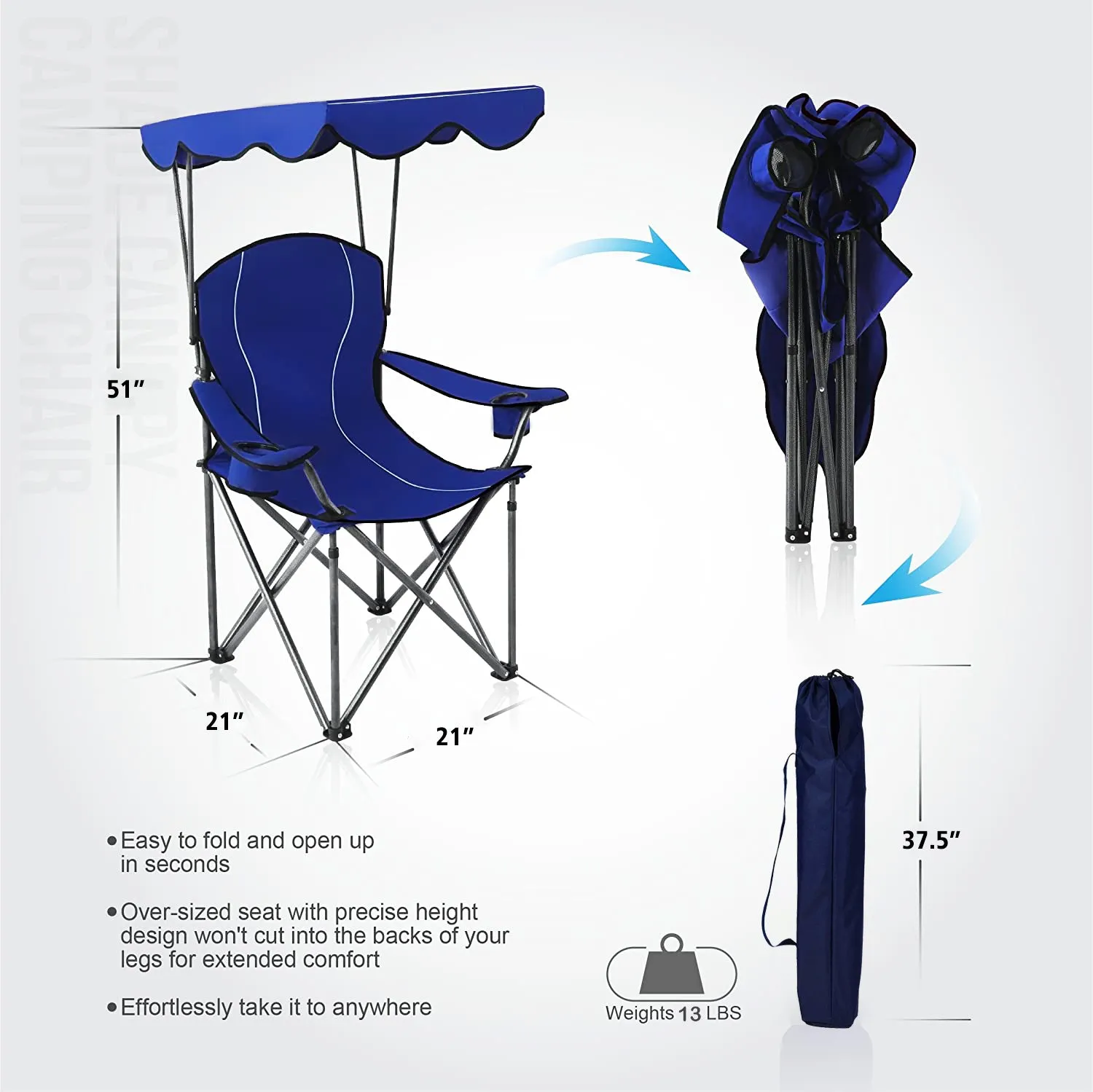 Portable Folding Blue Steel Camping Chair with Canopy and Carrying Bag