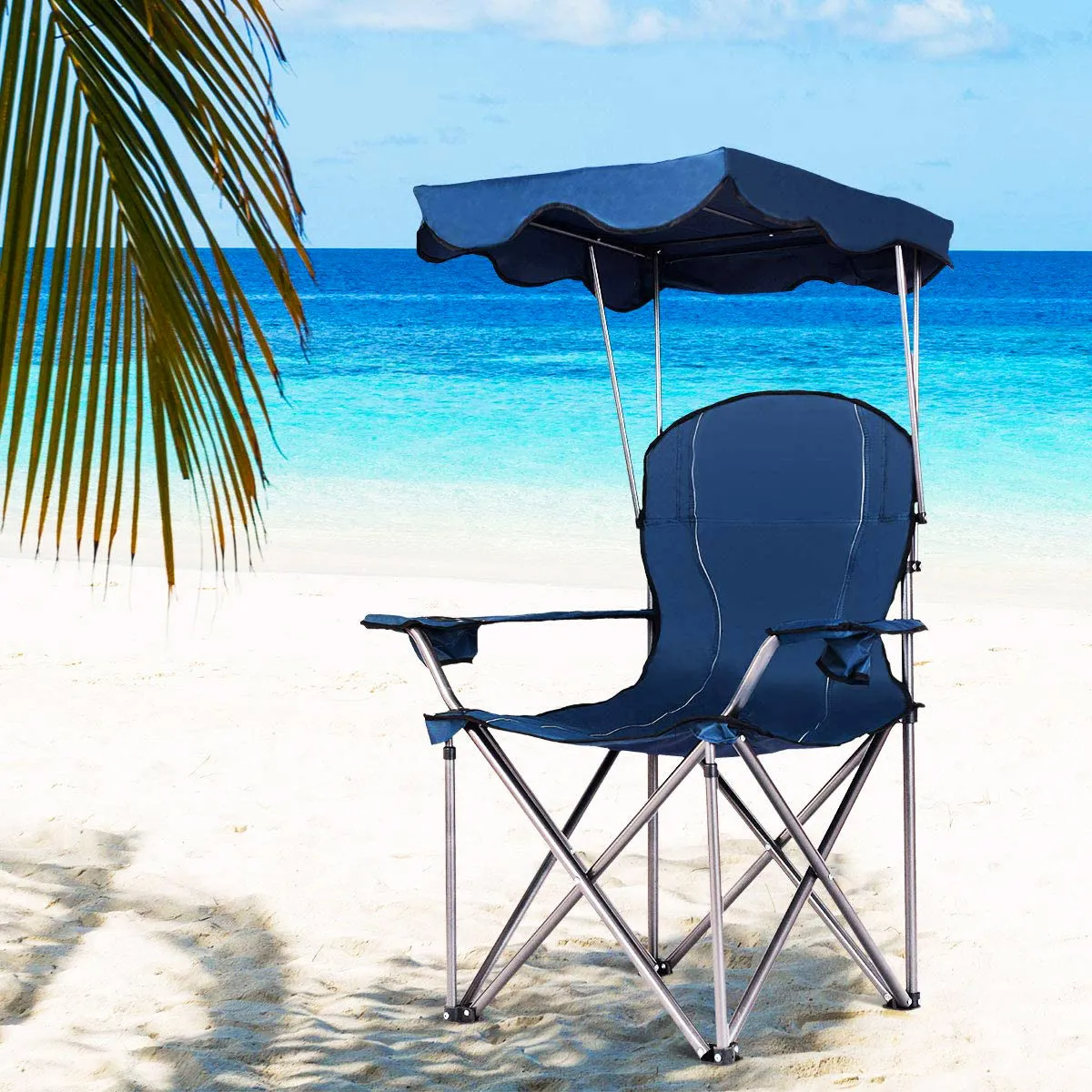 Portable Folding Blue Steel Camping Chair with Canopy and Carrying Bag