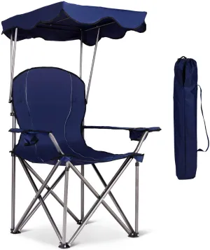 Portable Folding Blue Steel Camping Chair with Canopy and Carrying Bag