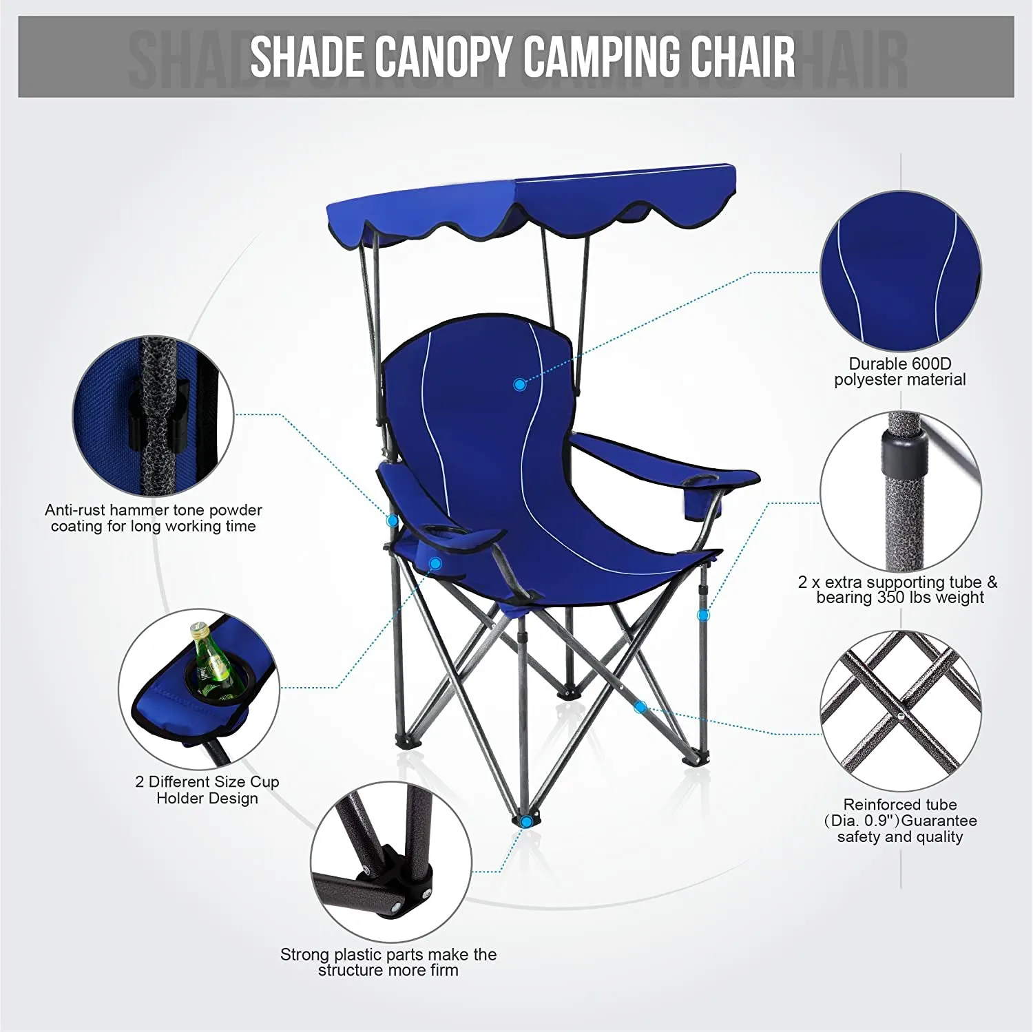 Portable Folding Blue Steel Camping Chair with Canopy and Carrying Bag