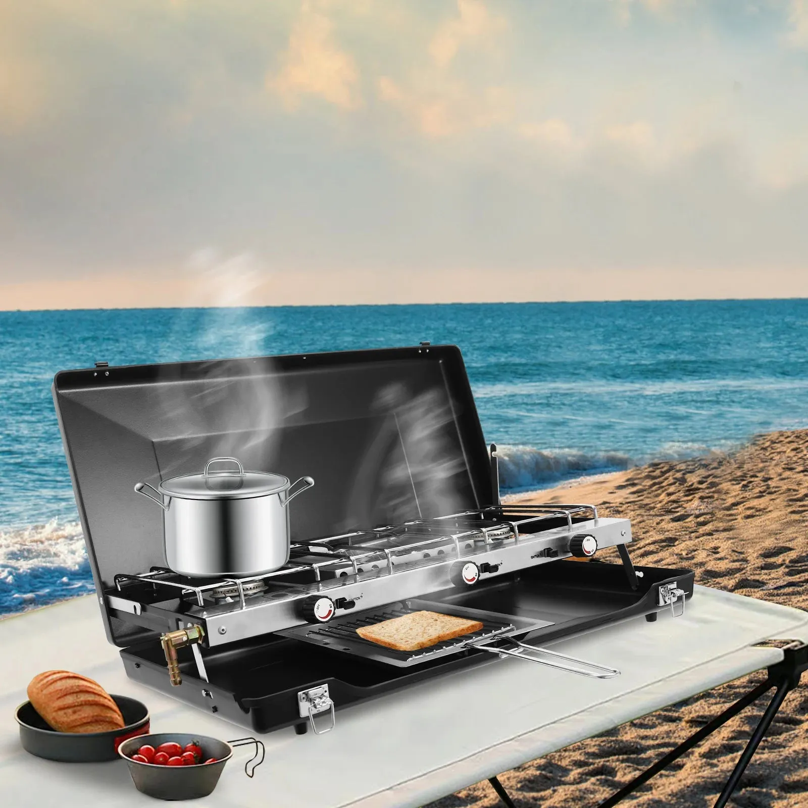 Portable Three Burner Propane Camping Stove with Griddle