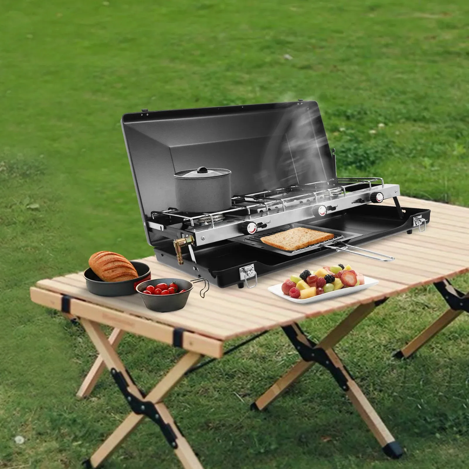 Portable Three Burner Propane Camping Stove with Griddle