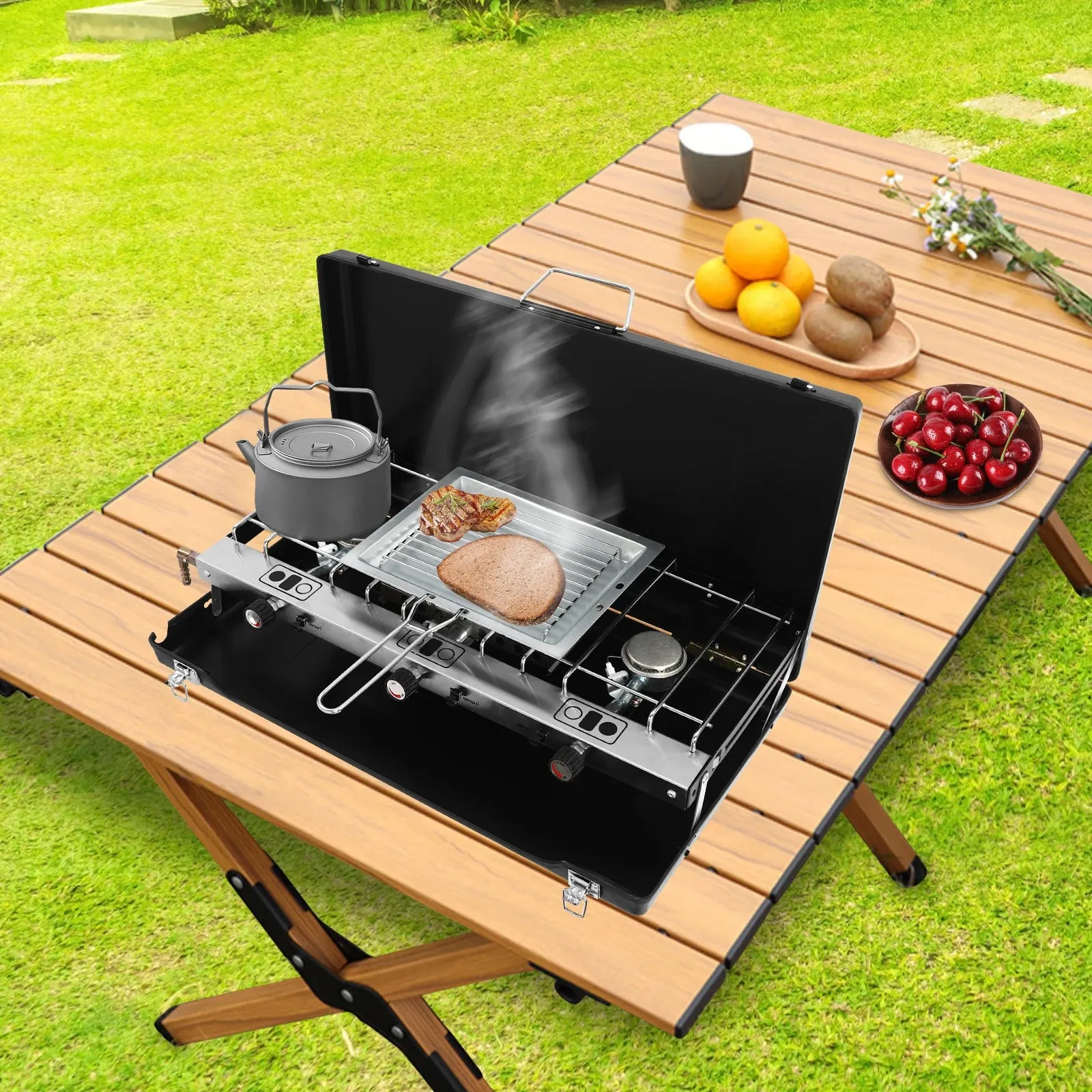 Portable Three Burner Propane Camping Stove with Griddle