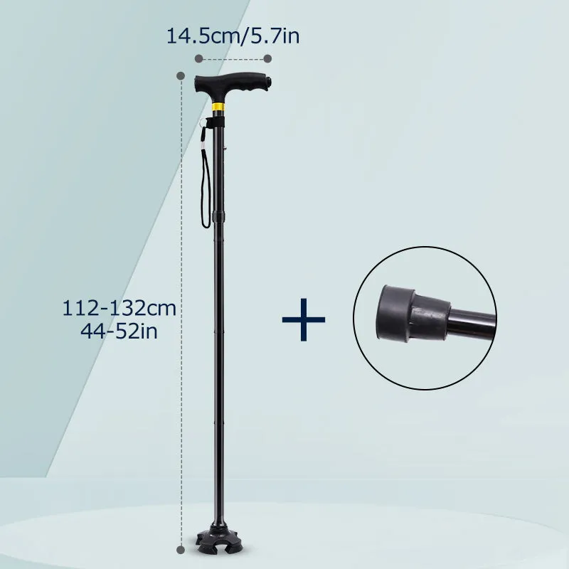 Premium Collapsible Telescopic Elder Cane – LED Walking Stick, Adjustable Folding Crutch for Seniors, Shock Absorber System, Anti-Skid, Lightweight, T-Handle, 4-Legged Stability, Durable Aluminum Alloy