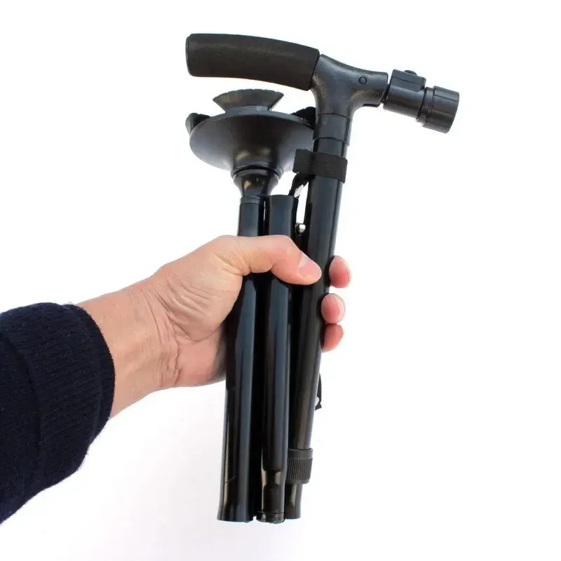 Premium Collapsible Telescopic Elder Cane – LED Walking Stick, Adjustable Folding Crutch for Seniors, Shock Absorber System, Anti-Skid, Lightweight, T-Handle, 4-Legged Stability, Durable Aluminum Alloy
