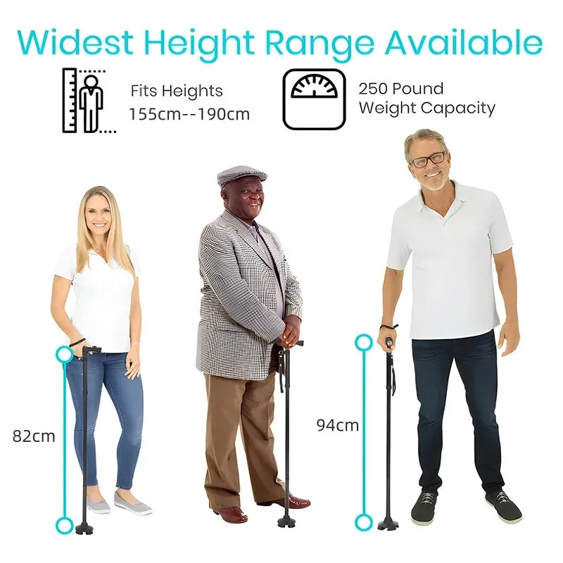 Premium Collapsible Telescopic Elder Cane – LED Walking Stick, Adjustable Folding Crutch for Seniors, Shock Absorber System, Anti-Skid, Lightweight, T-Handle, 4-Legged Stability, Durable Aluminum Alloy