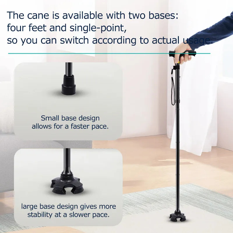 Premium Collapsible Telescopic Elder Cane – LED Walking Stick, Adjustable Folding Crutch for Seniors, Shock Absorber System, Anti-Skid, Lightweight, T-Handle, 4-Legged Stability, Durable Aluminum Alloy