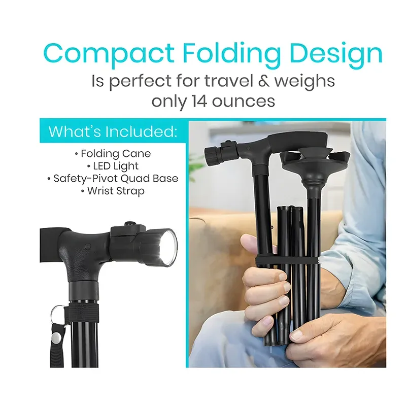 Premium Collapsible Telescopic Elder Cane – LED Walking Stick, Adjustable Folding Crutch for Seniors, Shock Absorber System, Anti-Skid, Lightweight, T-Handle, 4-Legged Stability, Durable Aluminum Alloy