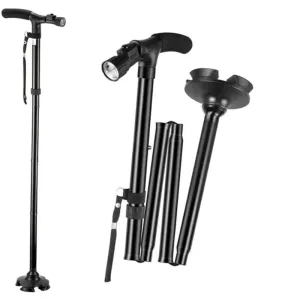 Premium Collapsible Telescopic Elder Cane – LED Walking Stick, Adjustable Folding Crutch for Seniors, Shock Absorber System, Anti-Skid, Lightweight, T-Handle, 4-Legged Stability, Durable Aluminum Alloy