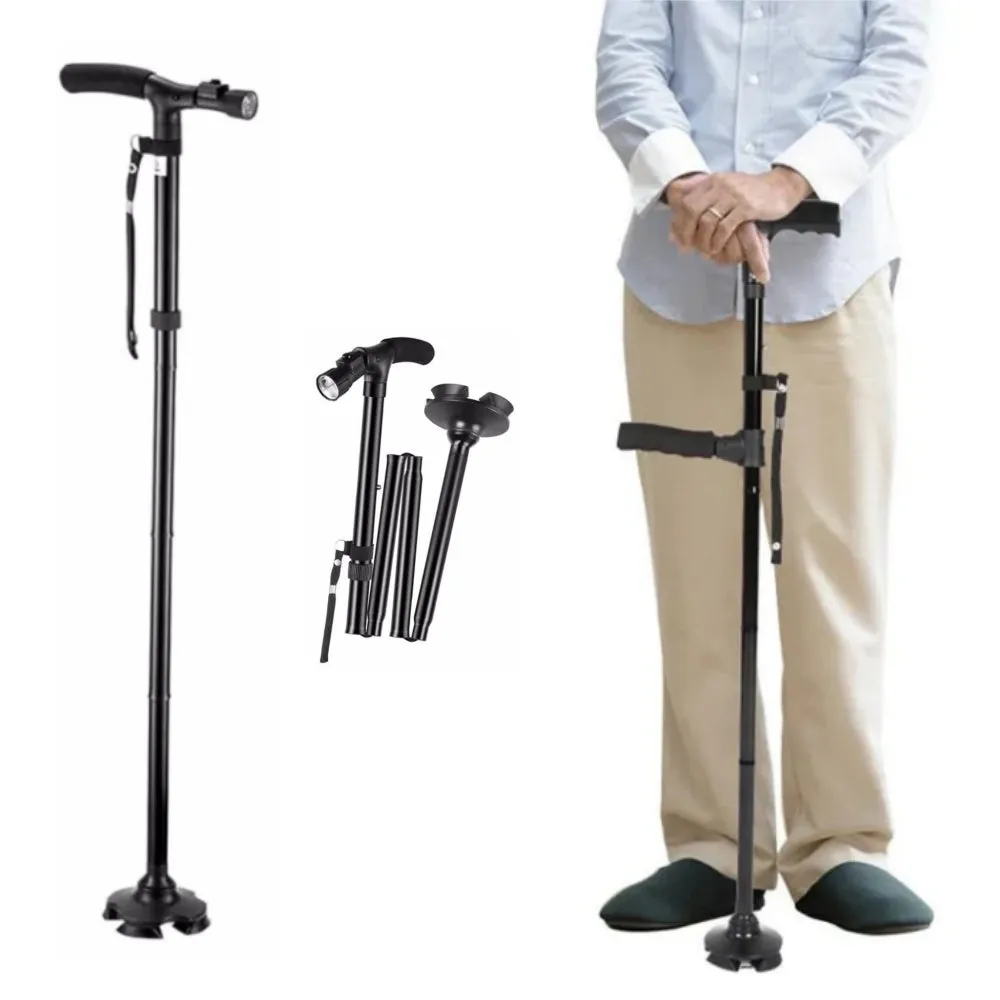 Premium Collapsible Telescopic Elder Cane – LED Walking Stick, Adjustable Folding Crutch for Seniors, Shock Absorber System, Anti-Skid, Lightweight, T-Handle, 4-Legged Stability, Durable Aluminum Alloy