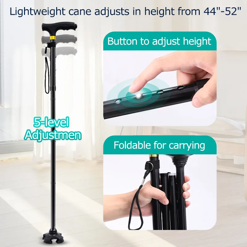 Premium Collapsible Telescopic Elder Cane – LED Walking Stick, Adjustable Folding Crutch for Seniors, Shock Absorber System, Anti-Skid, Lightweight, T-Handle, 4-Legged Stability, Durable Aluminum Alloy