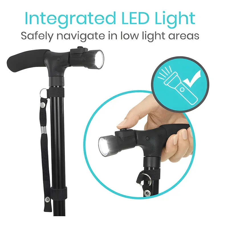 Premium Collapsible Telescopic Elder Cane – LED Walking Stick, Adjustable Folding Crutch for Seniors, Shock Absorber System, Anti-Skid, Lightweight, T-Handle, 4-Legged Stability, Durable Aluminum Alloy
