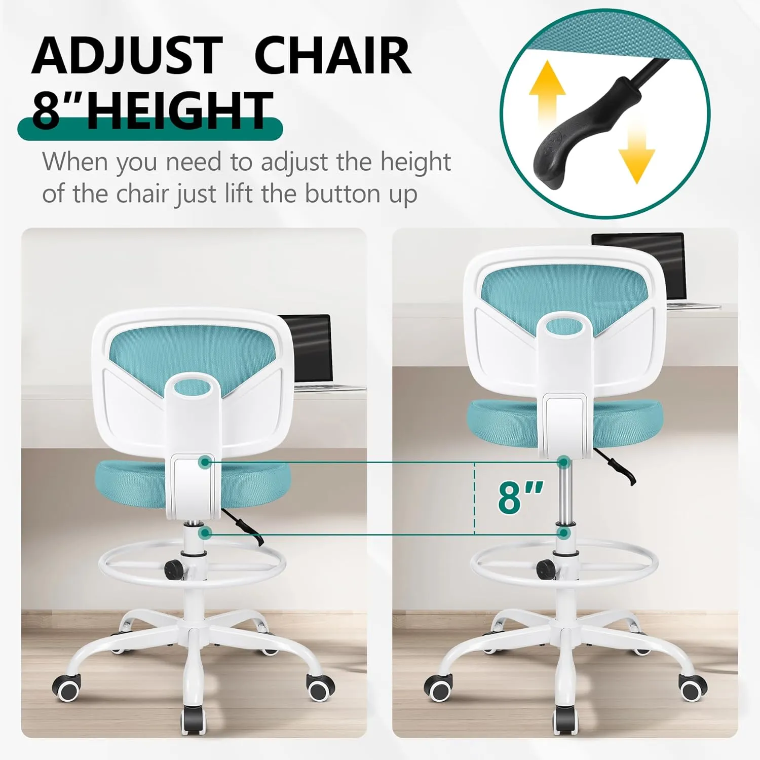 Primy Armless Tall Desk Chair, Adjustable Height and Footring, Low-Back Ergonomic Standing Desk Chair Mesh Rolling Tall Chair for Art Room, Office or Home (Teal)