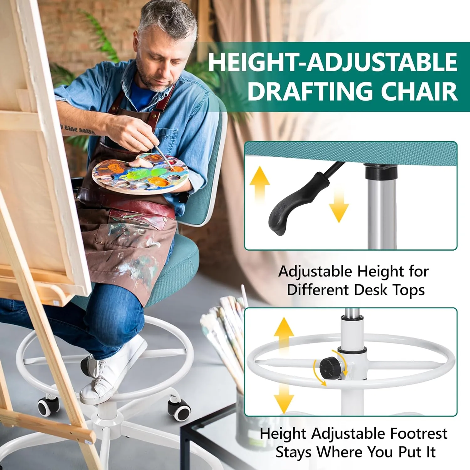 Primy Armless Tall Desk Chair, Adjustable Height and Footring, Low-Back Ergonomic Standing Desk Chair Mesh Rolling Tall Chair for Art Room, Office or Home (Teal)