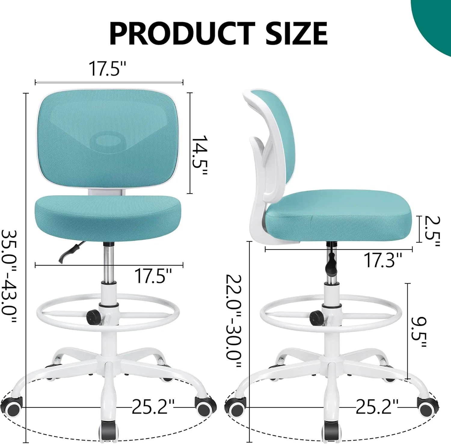 Primy Armless Tall Desk Chair, Adjustable Height and Footring, Low-Back Ergonomic Standing Desk Chair Mesh Rolling Tall Chair for Art Room, Office or Home (Teal)