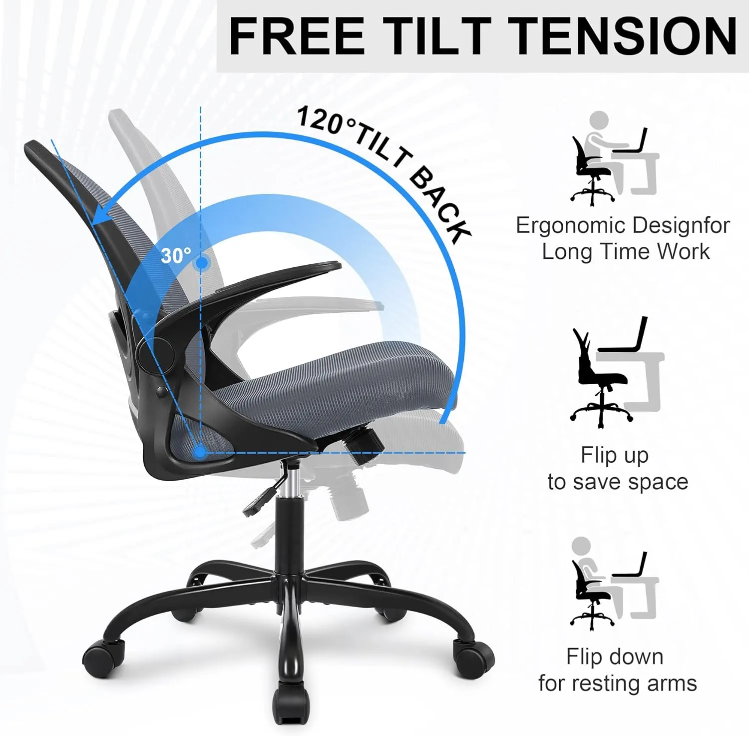 Primy Office Chair Ergonomic Desk Chair with Adjustable Lumbar Support and Height, Swivel Breathable Desk Mesh Computer Chair with Flip up Armrests for Conference Room（Dark Gray）