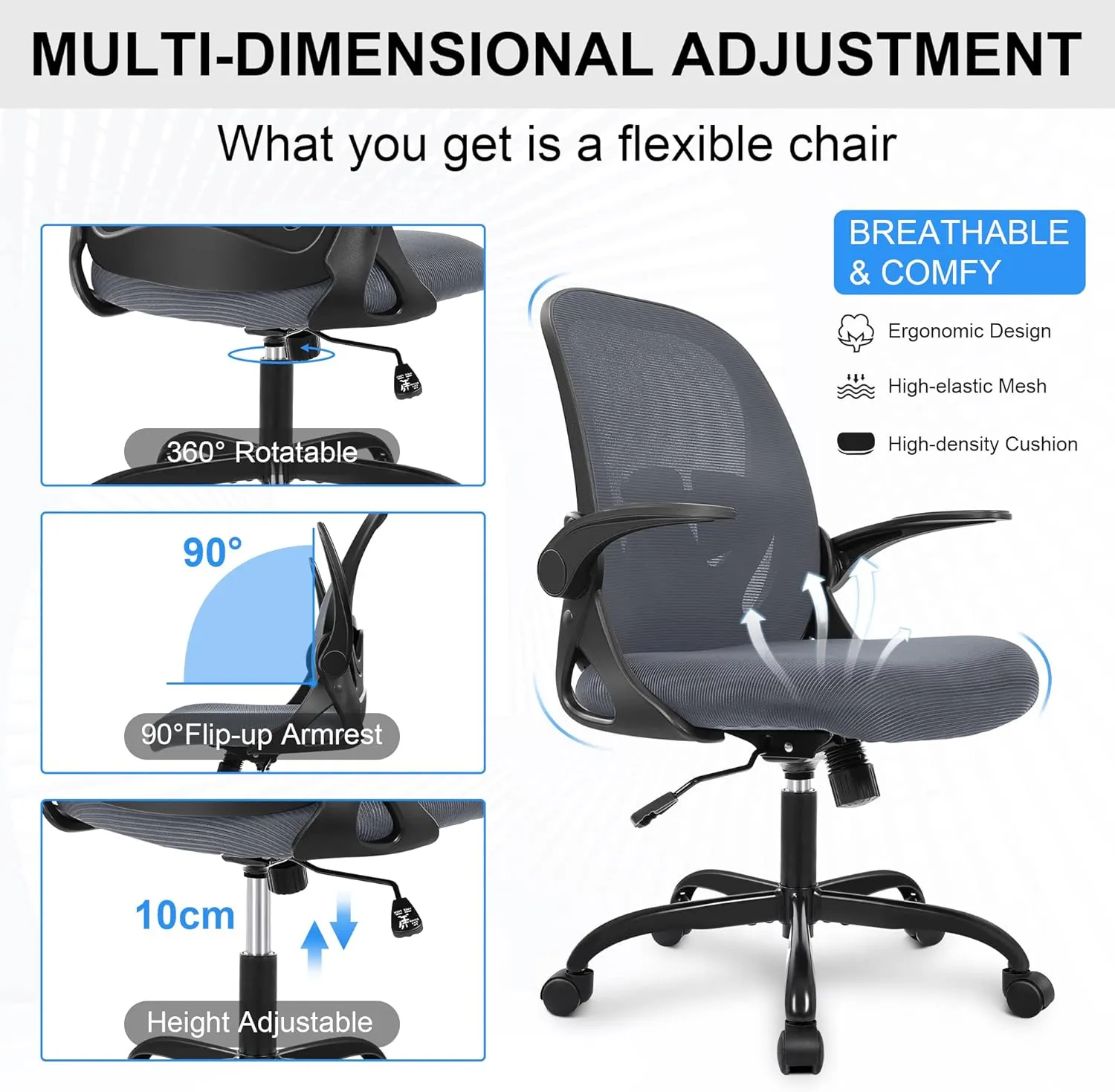 Primy Office Chair Ergonomic Desk Chair with Adjustable Lumbar Support and Height, Swivel Breathable Desk Mesh Computer Chair with Flip up Armrests for Conference Room（Dark Gray）