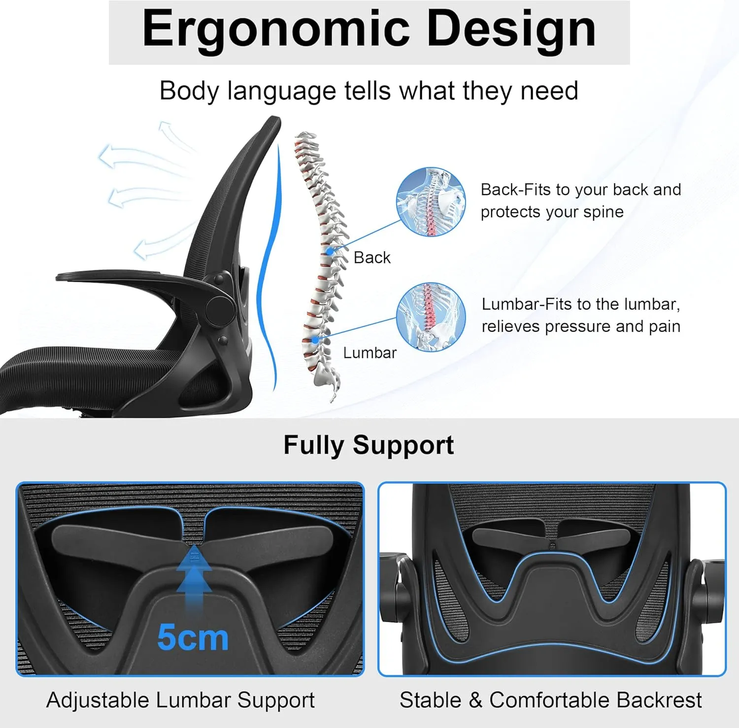 Primy Office Chair Ergonomic Desk Chair with Flip up Armrests Swivel Breathable Desk Mesh Computer Chair with Adjustable Lumbar Support and Height for Conference Room (Black)