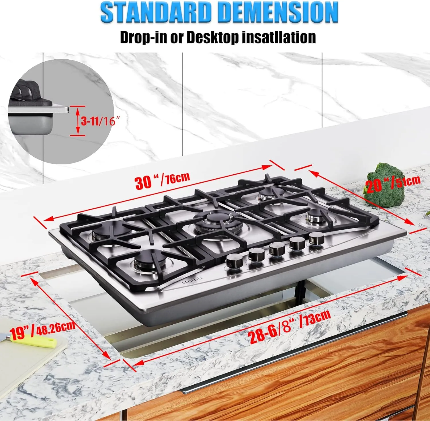Propane Gas Cooktop 30" Inch, 5 Burner Built-in Stainless Steel Gas Stove Top, LPG/NG Dual Fuel, Include Gas Pressure Regulator Gas Range(L30"×W20")