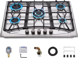 Propane Gas Cooktop 30" Inch, 5 Burner Built-in Stainless Steel Gas Stove Top, LPG/NG Dual Fuel, Include Gas Pressure Regulator Gas Range(L30"×W20")