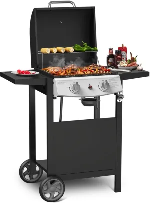 Propane Gas Grill 21000 BTU with 2-Burner,325 sq.in. Outdoor BBQ Grill for Barbecue Cooking with Top Cover Lid,Wheels,Side Storage Shelves,Barbeque Stove for Patio Garden Camping,Black