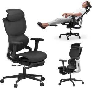 Q3-MT Ergonomic Office Chair with Footrest Home Office Ergonomic Chair with Soft Rubber Lumbar Support Extra Large 2D Headrest & 3D Armrest 140° Tilting Mesh Computer Chair