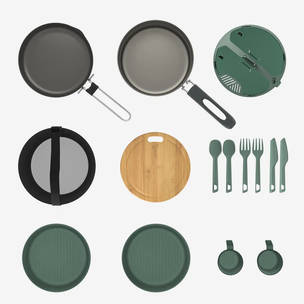 Quechua 500 Stainless Steel Non-Stick Camping Cookset – 14-Piece for 2 People