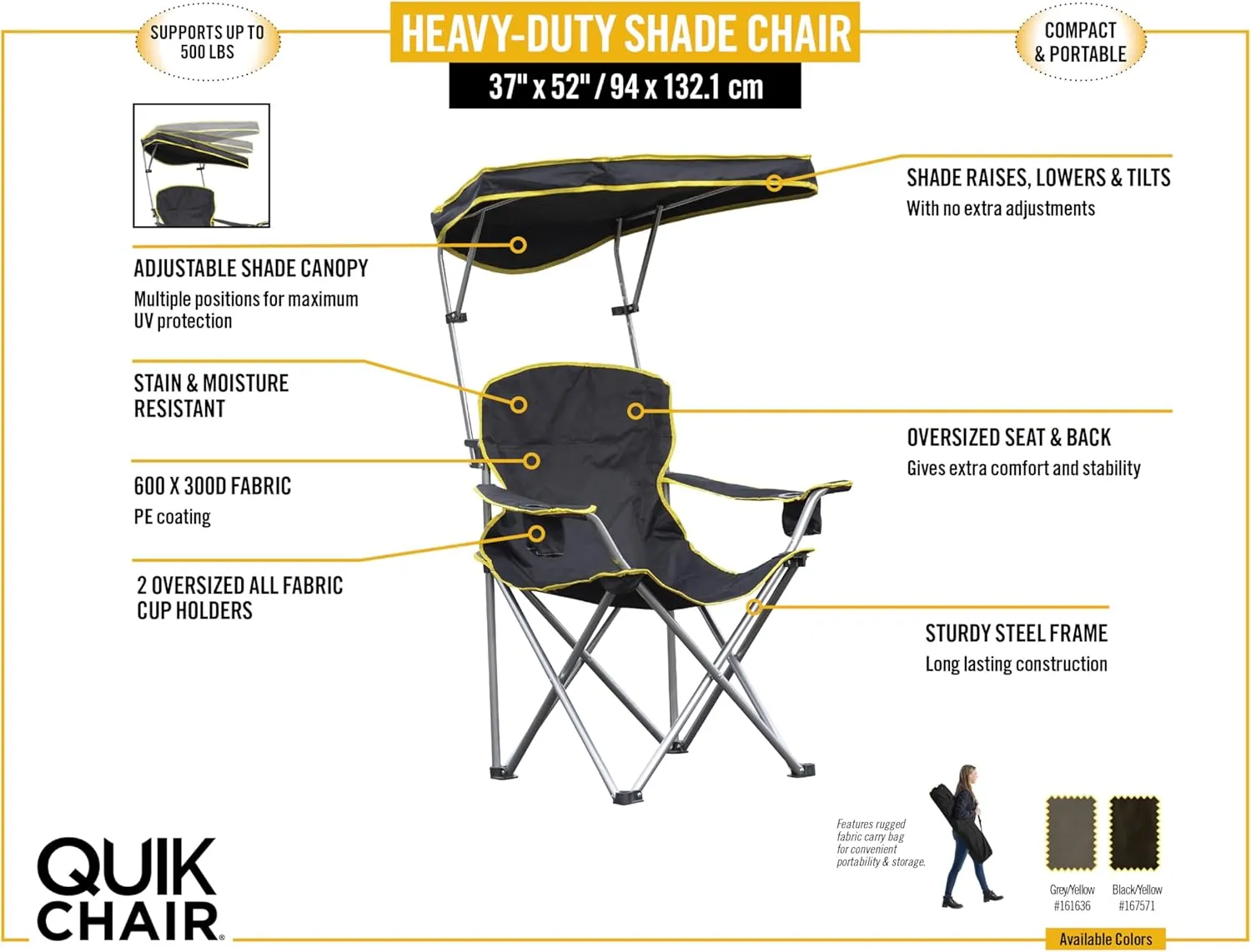 Quik Shade Heavy Duty Max Shade Extra Wide Folding Camp Chair with Tilt UV Sun Protection Canopy